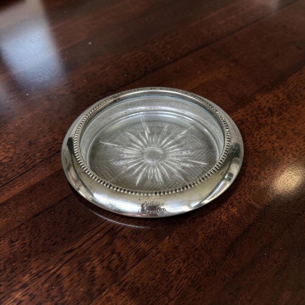 Vintage Leonard Silverplate & Cut Glass Coaster 4 Inch Starburst Drink Ashtray